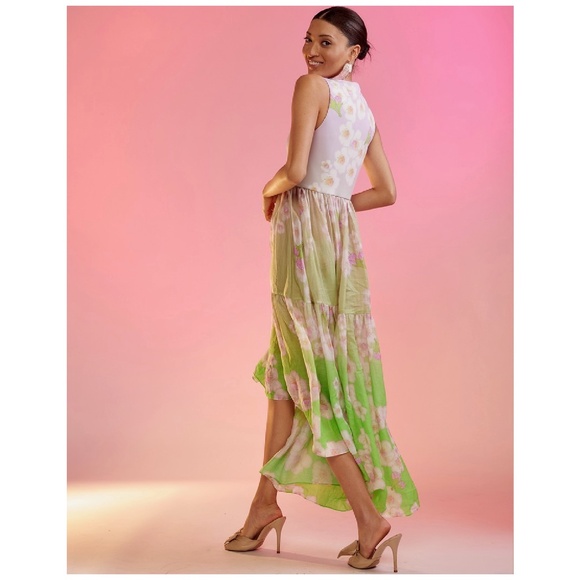 Cynthia Rowley Ramie Tier Sleeveless Dress Floral High Low Pink Green Size Small - Picture 4 of 6